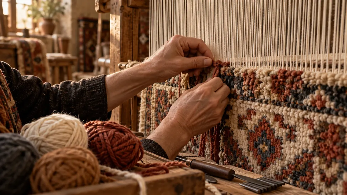 Artisan hand-knotting a rug on a traditional loom